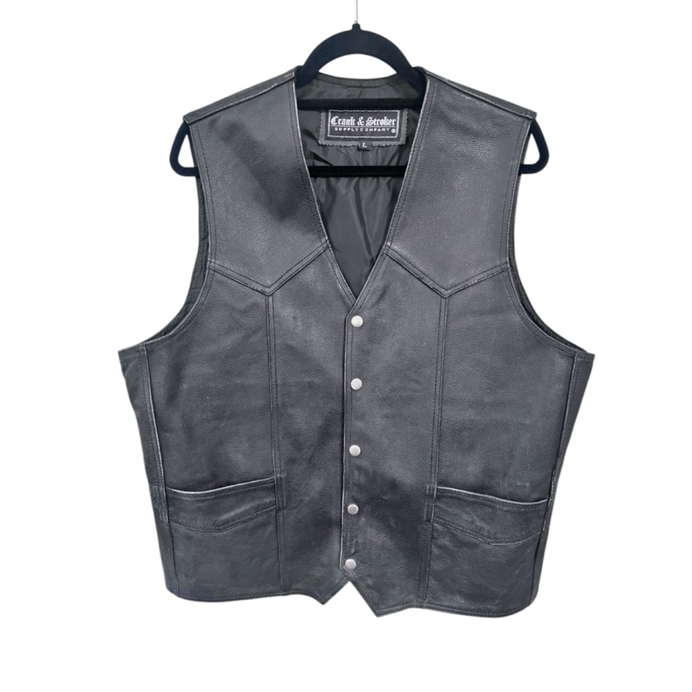 Crank & Stroker Black Leather Biker Vest Size Large Sleeveless Motorcycle Men's